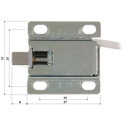 Metalowy zamek elektromagnetyczny z czterema otworami montażowymi, przedstawiony z wymiarami: 27 mm szerokości, 21 mm wysokości i 6 mm głębokości. Widoczny jest również wysunięty trzpień oraz kabel zasilający.