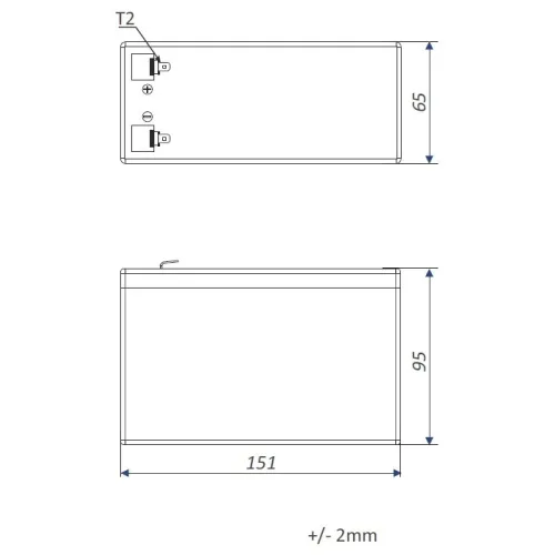 Rysunek techniczny przedstawia wymiary prostokątnego akumulatora z zaznaczonymi długościami boków: 151 mm, 95 mm i 65 mm. Widoczne są również szczegóły dotyczące złączy oznaczonych jako T2.