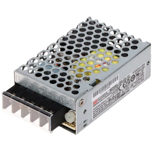 Zasilacz impulsowy Mean Well RS-25-12 z metalową perforowaną obudową i widocznymi złączami na jednym końcu. Na obudowie znajdują się oznaczenia modelu oraz specyfikacje techniczne.