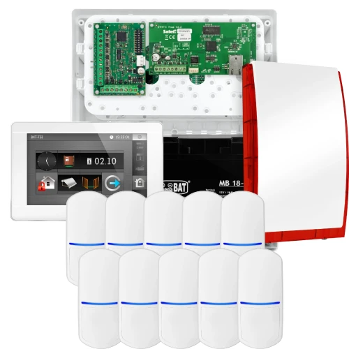 SATEL INTEGRA 32 alarmsystemsett, 10x PET-detektor, sirene, hvit betjeningspanel INT-TSI-W