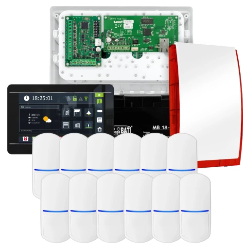 SATEL INTEGRA 32 alarmsystemsett, 12x PET-sensor, sirene, svart betjeningspanel INT-TSI-B