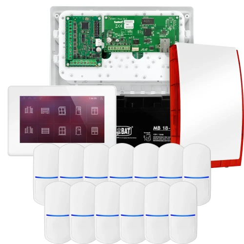 SATEL INTEGRA 32 alarmsystem, 13x detektor, sirene, hvit betjeningspanel INT-TSH2-W