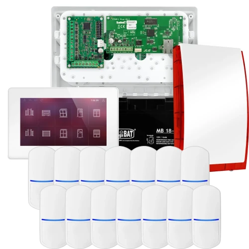 SATEL INTEGRA 32 alarmsystemsett, 14x PET-detektor, sirene, hvit betjeningspanel INT-TSH2-W