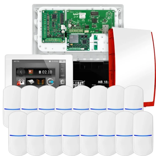 SATEL INTEGRA 32 alarmsystem, 16x PET-detektor, sirene, hvit betjeningspanel INT-TSI-W, LTE-kommunikasjon