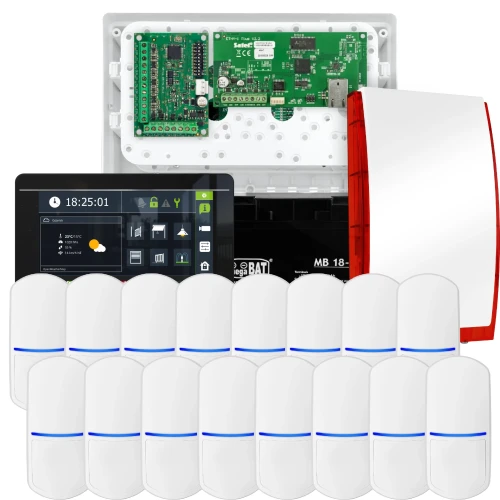 SATEL INTEGRA 32 alarmsystem, 16x PET-detektor, sirene, svart betjeningspanel INT-TSI-B