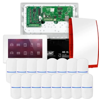 SATEL INTEGRA 32 alarmsystem, 16x PET detektor, sirene, hvit betjeningspanel INT-TSH2-W
