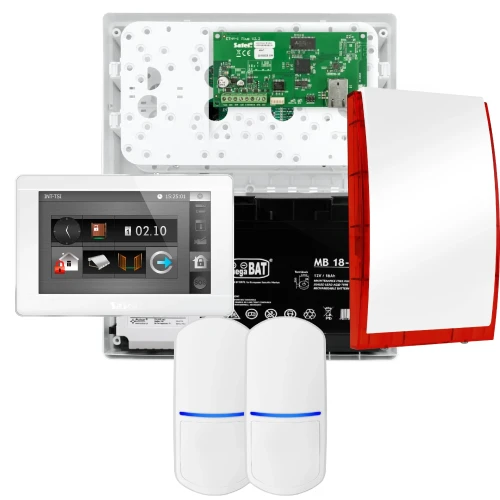 SATEL INTEGRA 32 alarmsystemsett, 2x detektor, sirene, hvit betjeningspanel INT-TSI-W