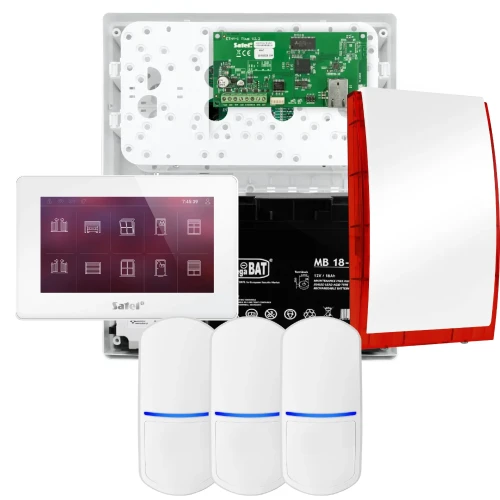 SATEL INTEGRA 32 alarmsystemsett, 3x PET detektor, sirene, hvit betjeningspanel INT-TSH2-W
