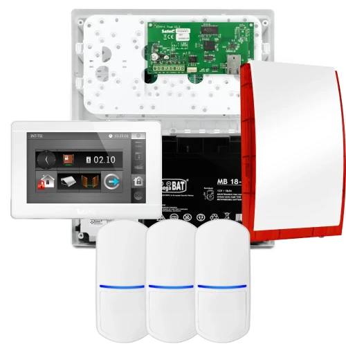 SATEL INTEGRA 32 alarmsystemsett, 3x detektor, sirene, hvit betjeningspanel INT-TSI-W