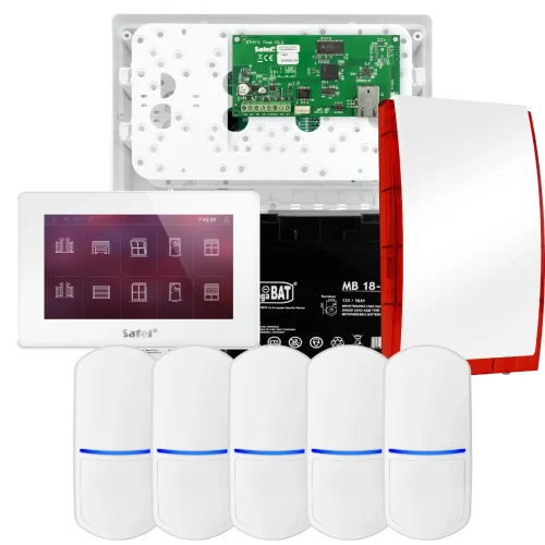 SATEL INTEGRA 32 alarmsystemsett, 5x PET-detektor, sirene, hvit betjeningspanel INT-TSH2-W