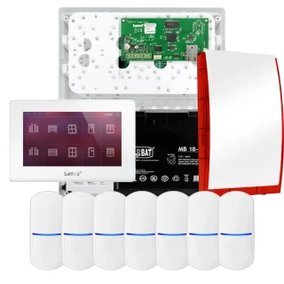 SATEL INTEGRA 32 alarmsystemsett, 7x PET-detektor, sirene, hvit betjeningspanel INT-TSH2-W