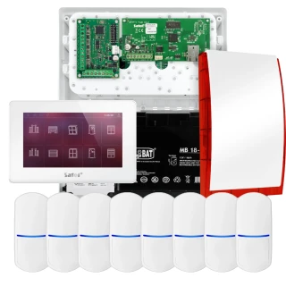 SATEL INTEGRA 32 alarmsystemsett, 8x detektor, sirene, hvit betjeningspanel INT-TSH2-W