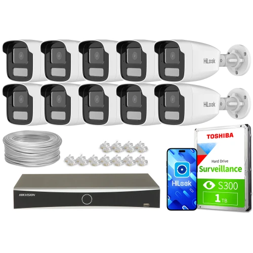 Zestaw do monitoringu składający się z dziesięciu kamer HiLook, rejestratora Hikvision, dysku twardego Toshiba 1TB, kabla oraz złączek. Na zdjęciu widoczny jest również telefon z aplikacją HiLook.