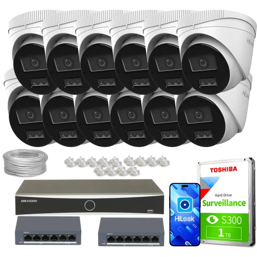Zestaw do monitoringu składający się z dwunastu kamer, rejestratora, dwóch switchów, dysku twardego oraz akcesoriów montażowych. Kamery są białe z czarnymi elementami, a dysk twardy ma pojemność 1 TB.