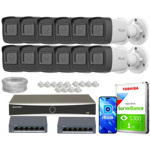 Zestaw do monitoringu składający się z dwunastu kamer HiLook, dysku twardego Toshiba, dwóch switchów, rejestratora Hikvision, kabla oraz złączek. Elementy są ułożone na białym tle, prezentując kompletny system nadzoru.