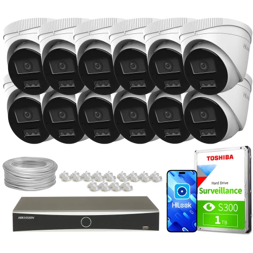 Zestaw do monitoringu składający się z dwunastu kamer, rejestratora, dysku twardego Toshiba o pojemności 1 TB, kabla oraz złączek. Kamery są ułożone w dwóch rzędach, a pozostałe elementy zestawu są rozmieszczone poniżej.