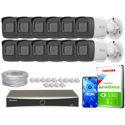 Zestaw do monitoringu składający się z dwunastu kamer IP, rejestratora, dysku twardego Toshiba oraz kabli i złączek. Kamery są ułożone w dwóch rzędach, a pozostałe elementy zestawu są rozmieszczone poniżej.