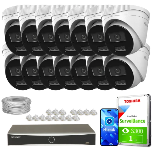 Na zdjęciu znajduje się zestaw do monitoringu, który obejmuje czternaście kamer, rejestrator, dysk twardy Toshiba o pojemności 1 TB, kabel oraz złącza. Kamery są białe z czarnymi elementami, a rejestrator ma prostokątny kształt z okrągłym przyciskiem na przednim panelu.