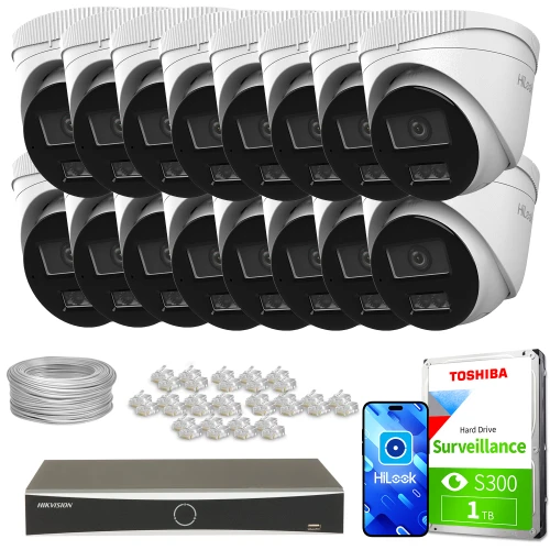 Zestaw do monitoringu składający się z szesnastu kamer, rejestratora, dysku twardego Toshiba oraz akcesoriów montażowych. Kamery są białe, a rejestrator i dysk twardy są widoczne na pierwszym planie.