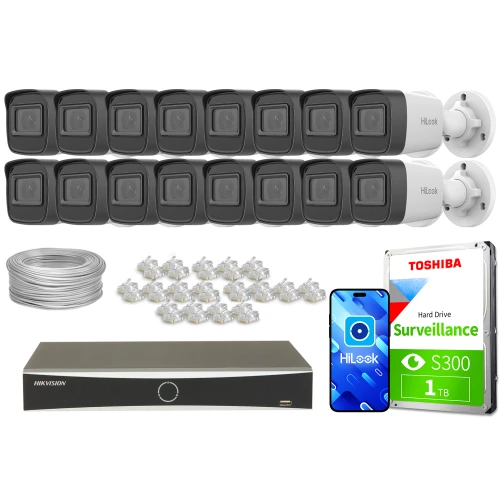 Zestaw do monitoringu składający się z szesnastu kamer IP, rejestratora, dysku twardego Toshiba oraz akcesoriów montażowych. Na zdjęciu widoczne są również przewody i złącza sieciowe.