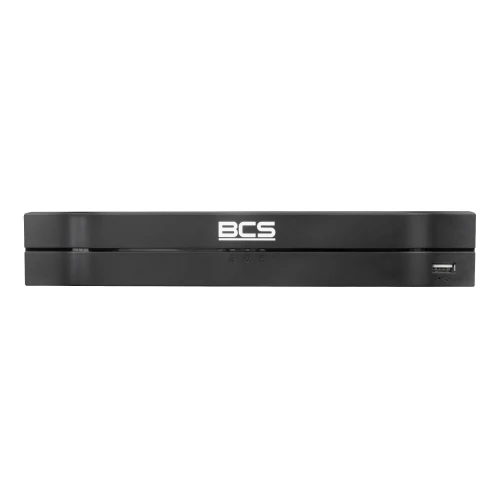 Czarny rejestrator BCS z widocznym logo na przednim panelu, posiada port USB po prawej stronie. Urządzenie ma prosty, nowoczesny design z gładką powierzchnią.