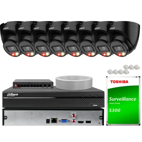 Na zdjęciu znajduje się zestaw do monitoringu IP, który obejmuje sześć kamer Dahua, rejestrator, dysk twardy Toshiba S300 oraz akcesoria montażowe. Kamery są czarne, a rejestrator i dysk twardy są umieszczone poniżej nich.