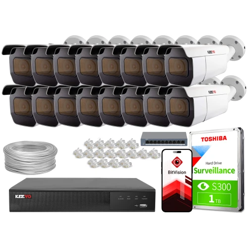 Zestaw do monitoringu składający się z dwunastu kamer, rejestratora, dysku twardego Toshiba 1 TB, kabla oraz złączek. Na zdjęciu widoczna jest również aplikacja BitVision na ekranie telefonu.