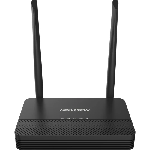 Na zdjęciu znajduje się czarny router marki Hikvision z dwiema antenami skierowanymi do góry. Urządzenie ma prostokątny kształt i widoczne logo na przedniej części obudowy.