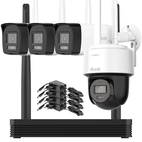 Zestaw do monitoringu Wi-Fi składający się z czterech czarnych kamer, białej kamery obrotowej oraz zestawu kabli zasilających. Kamery i akcesoria są ustawione na białym tle, prezentując kompletny system nadzoru.