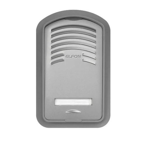 Zdjęcie przedstawia srebrny panel domofonowy z logo "Elfon" na górze. Panel ma prostokątny kształt z zaokrąglonymi rogami i widocznym przyciskiem na dole.