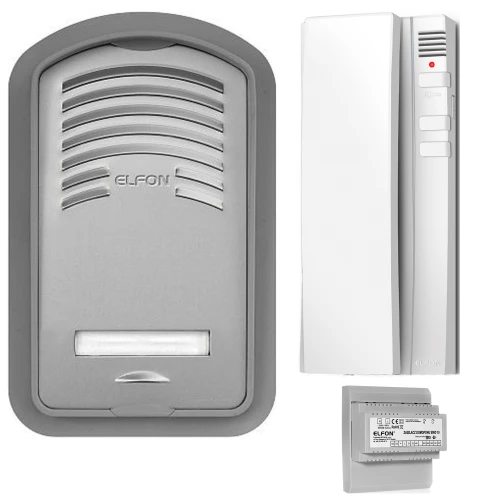Na zdjęciu znajduje się zestaw domofonowy składający się z szarego panelu zewnętrznego z logo Elfon, białego unifonu oraz modułu zasilającego. Panel zewnętrzny ma kratkę głośnika i miejsce na nazwisko, a unifon posiada przyciski i diodę sygnalizacyjną.