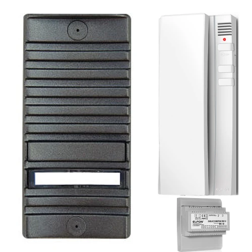 Zestaw domofonowy składający się z czarnej, poziomo żebrowanej jednostki zewnętrznej oraz białego, prostokątnego unifonu z przyciskami i diodą. W dolnej części znajduje się moduł z zaciskami do podłączenia przewodów.