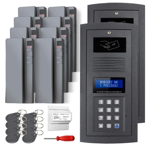 Zestaw domofonowy cyfrowy składający się z panelu z klawiaturą, kilku czytników kart zbliżeniowych, breloków RFID, modułu zasilającego oraz śrubokręta. Panel główny posiada wyświetlacz i klawiaturę numeryczną, a czytniki kart są w kolorze szarym z czerwonymi diodami.