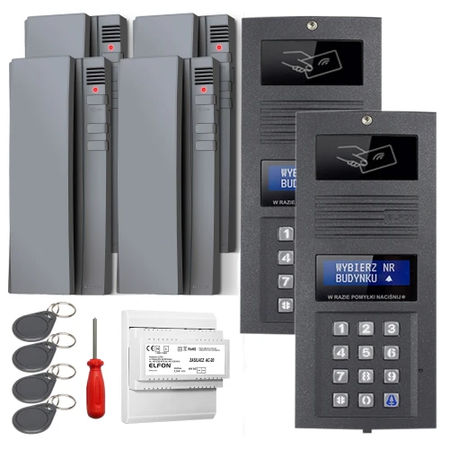 Zestaw domofonowy cyfrowy składający się z kilku paneli z klawiaturą numeryczną, breloków zbliżeniowych, śrubokręta oraz modułu elektronicznego. Panele mają ciemnoszare wykończenie i wyświetlacze LED.