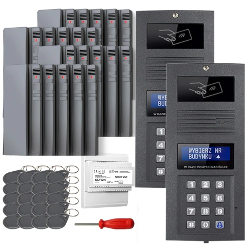 Zestaw domofonowy cyfrowy składający się z panelu z klawiaturą, breloków zbliżeniowych, śrubokręta oraz kilku modułów montażowych. Panel posiada ekran i przyciski numeryczne, a breloki są w kolorze czarnym.