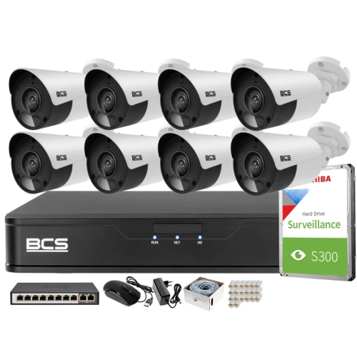 Overvåkningssett med 8 kameraer 5MPx BCS-P-TIP15FSR5 IR 30m, Opptaker, disk, PoE-switch