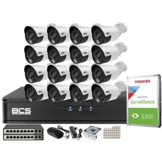 Overvåkningssett 16 kameraer 5MPx BCS-P-TIP15FSR5 IR 30m, Opptaker, harddisk, PoE-switch