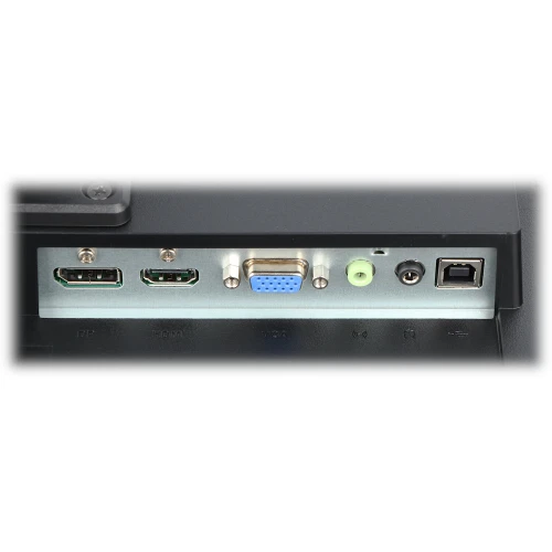 Zdjęcie przedstawia panel złącz monitora, zawierający porty DP, HDMI, VGA, audio oraz USB. Złącza są umieszczone na metalowej płycie, a każde z nich jest wyraźnie widoczne i oznaczone.