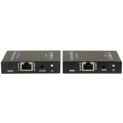 Na zdjęciu znajdują się dwa czarne urządzenia elektroniczne oznaczone jako nadajnik i odbiornik 4K HDMI Extender. Oba urządzenia mają porty Ethernet, złącza IR oraz przyciski resetowania.