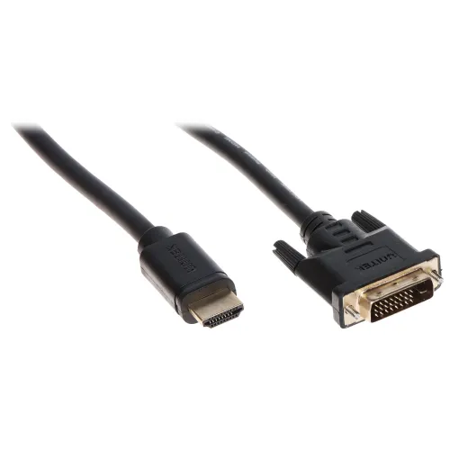 Na zdjęciu znajduje się kabel z dwoma różnymi złączami: HDMI po lewej stronie i DVI po prawej stronie. Kabel jest czarny, a złącza są dobrze widoczne na białym tle.