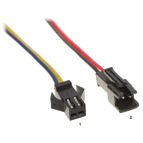 Na zdjęciu znajdują się dwa złącza elektryczne z przewodami w różnych kolorach: jedno z przewodami żółtym, niebieskim i czarnym, a drugie z przewodami czerwonym, czarnym i białym. Złącza są oznaczone numerami 1 i 2.